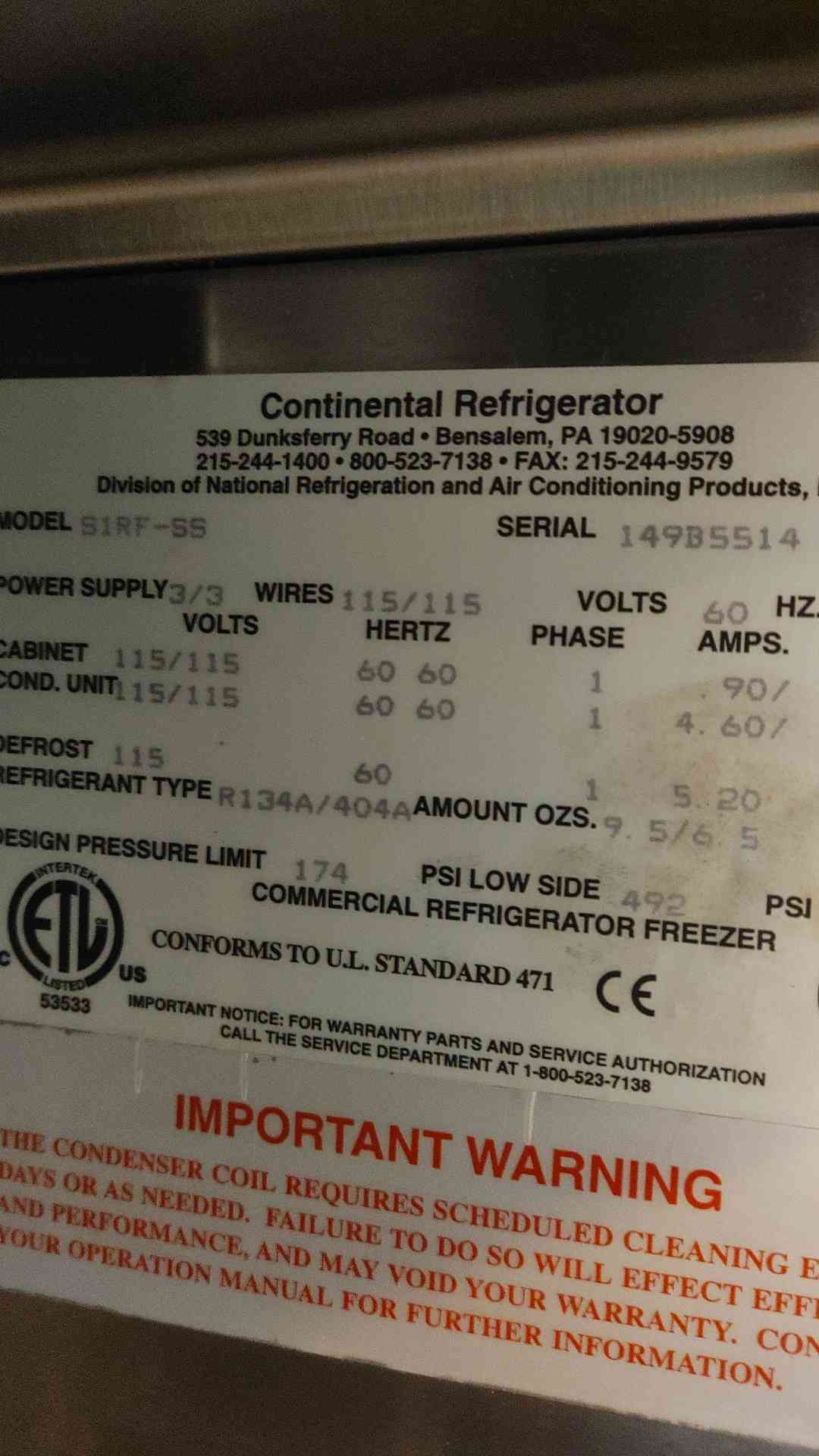Continental Refrigerator S1RF-SS 115 V 60/90 Amp R134A/404A 2 Door (109175)
