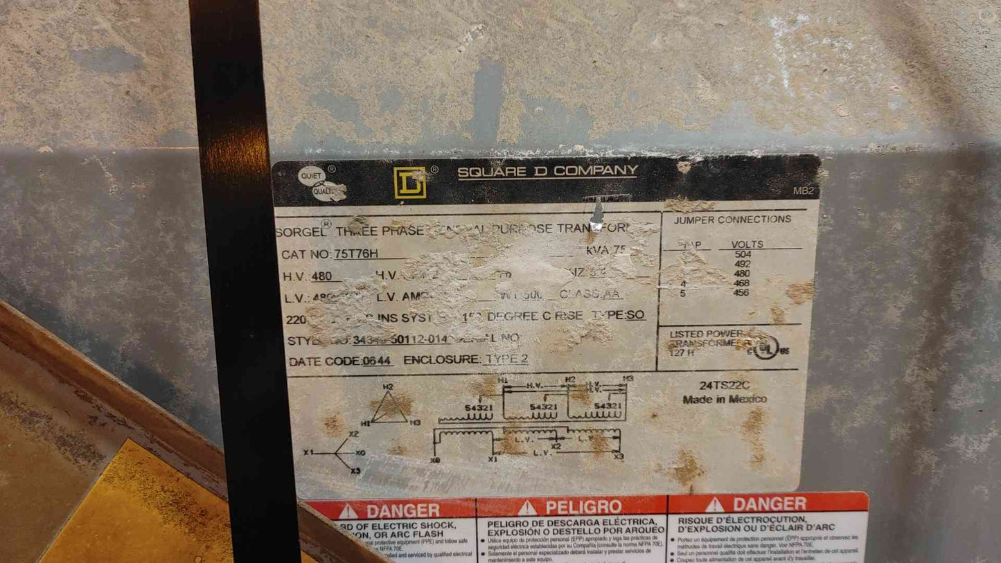 75KVA Square D General Purpose Transformer 480V x 208/120v 75T76H (SKU: 109203)