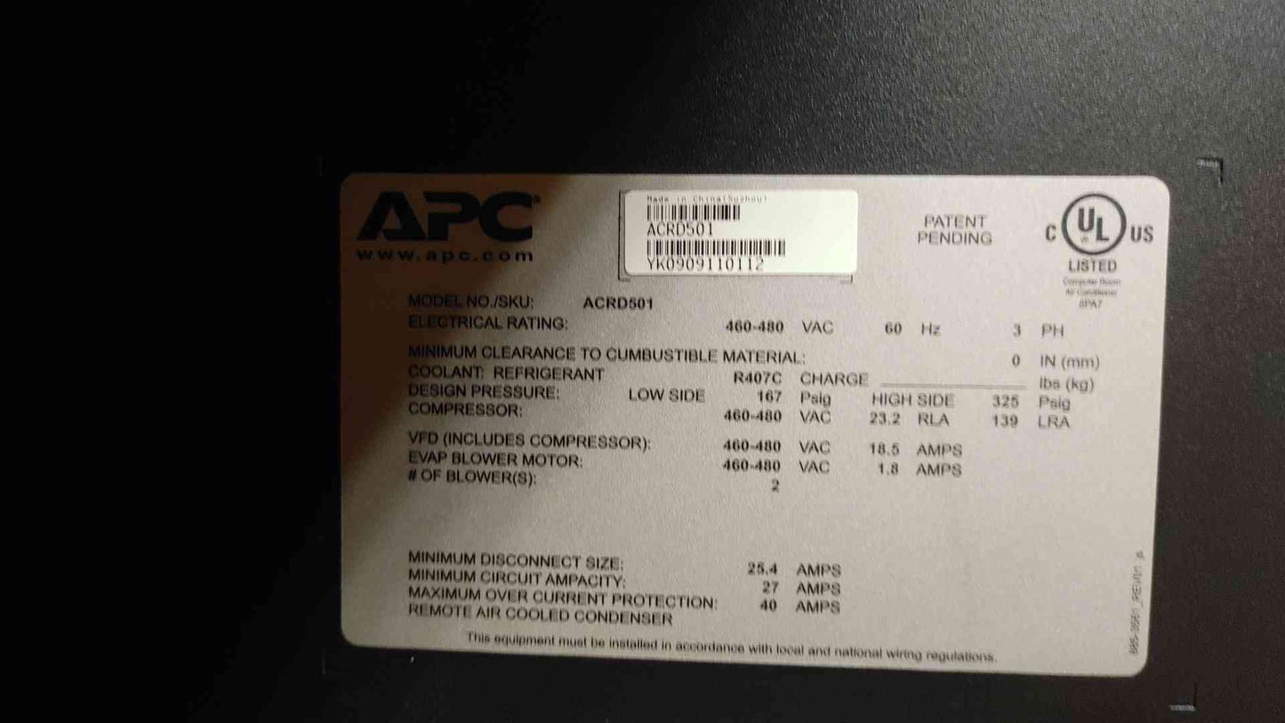 APC In Row CRAC Unit 460-480VAC 3PH ACRD501 (109467)