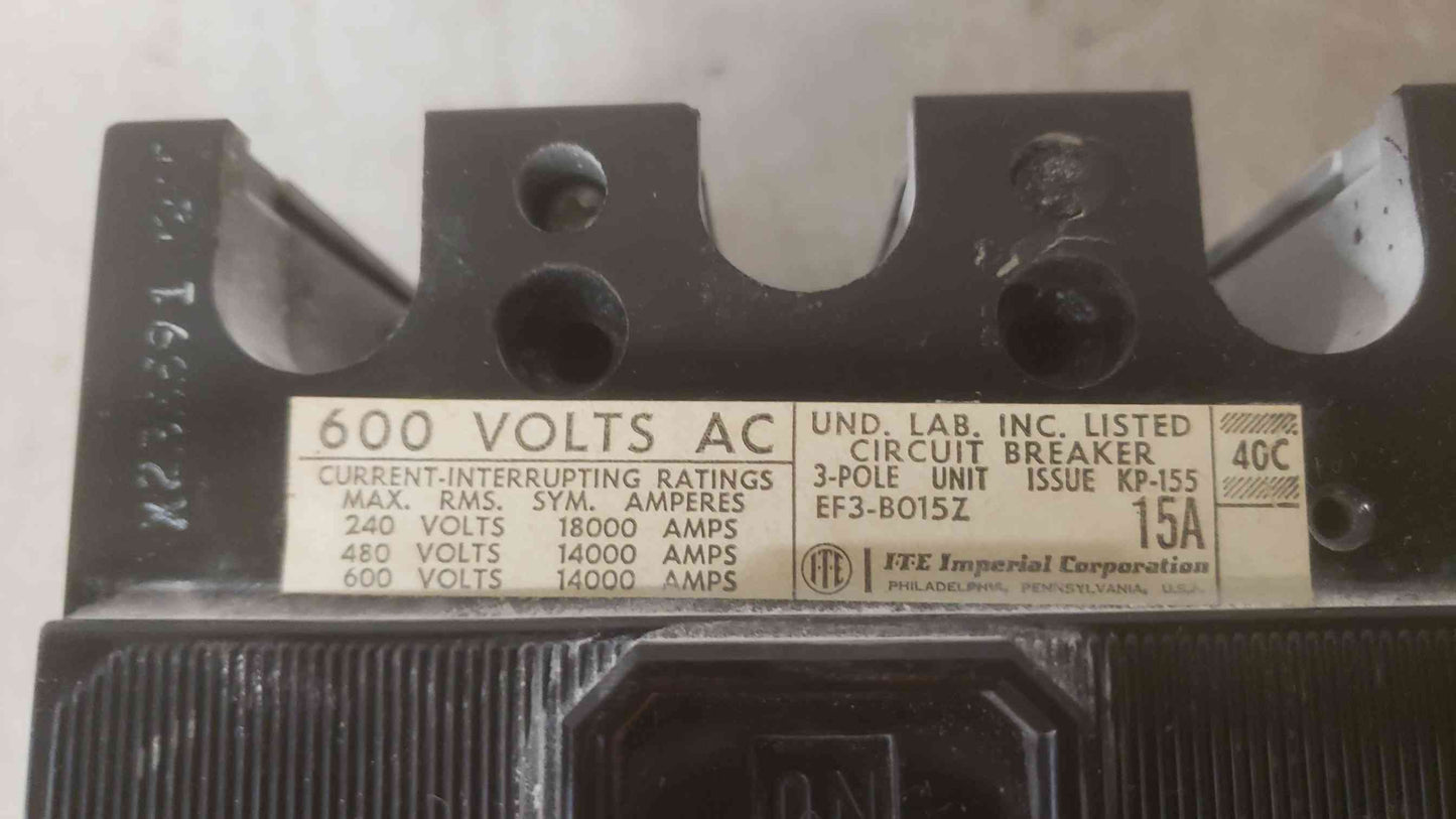 I-T-E 15A 600VAC 3 Pole Breaker EF3-B015Z (SKU: 109596)