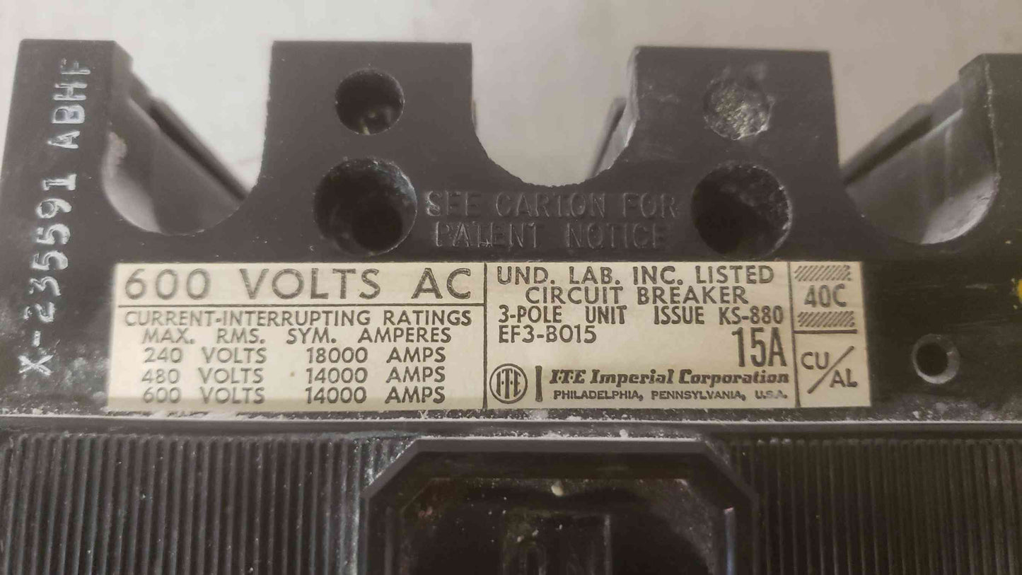 I-T-E 15A 600VAC 3 Pole Breaker EF3-B015 (SKU: 109597)