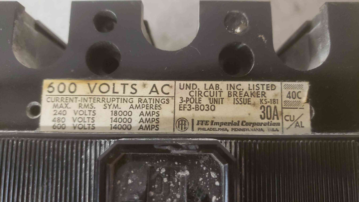 I-T-E 30A 600VAC 3 Pole Breaker EF3-B030 (SKU: 109602)