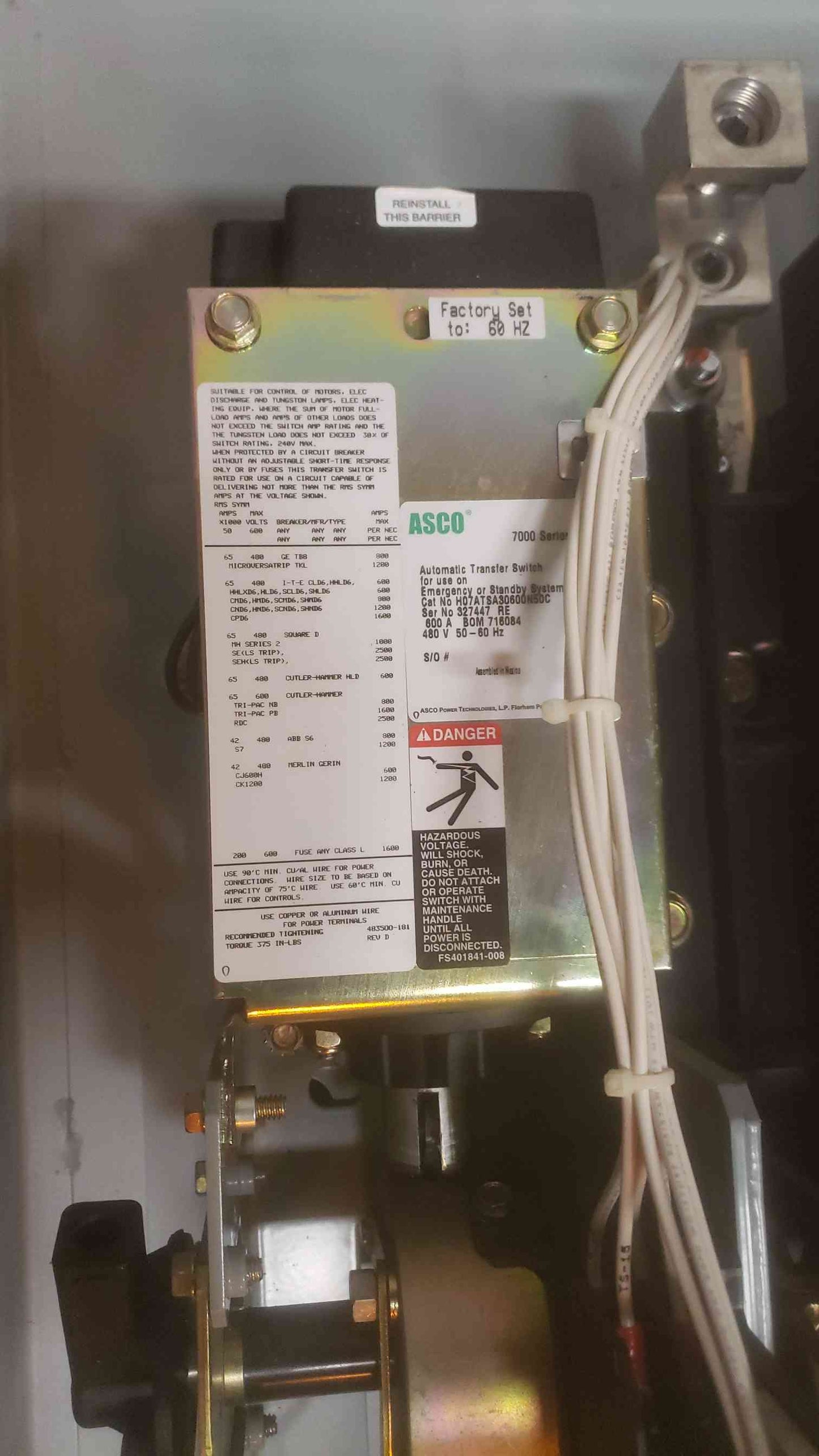 ASCO 7000 Series ATS 600A 480V Automatic Transfer Switch(SKU: 110292)
