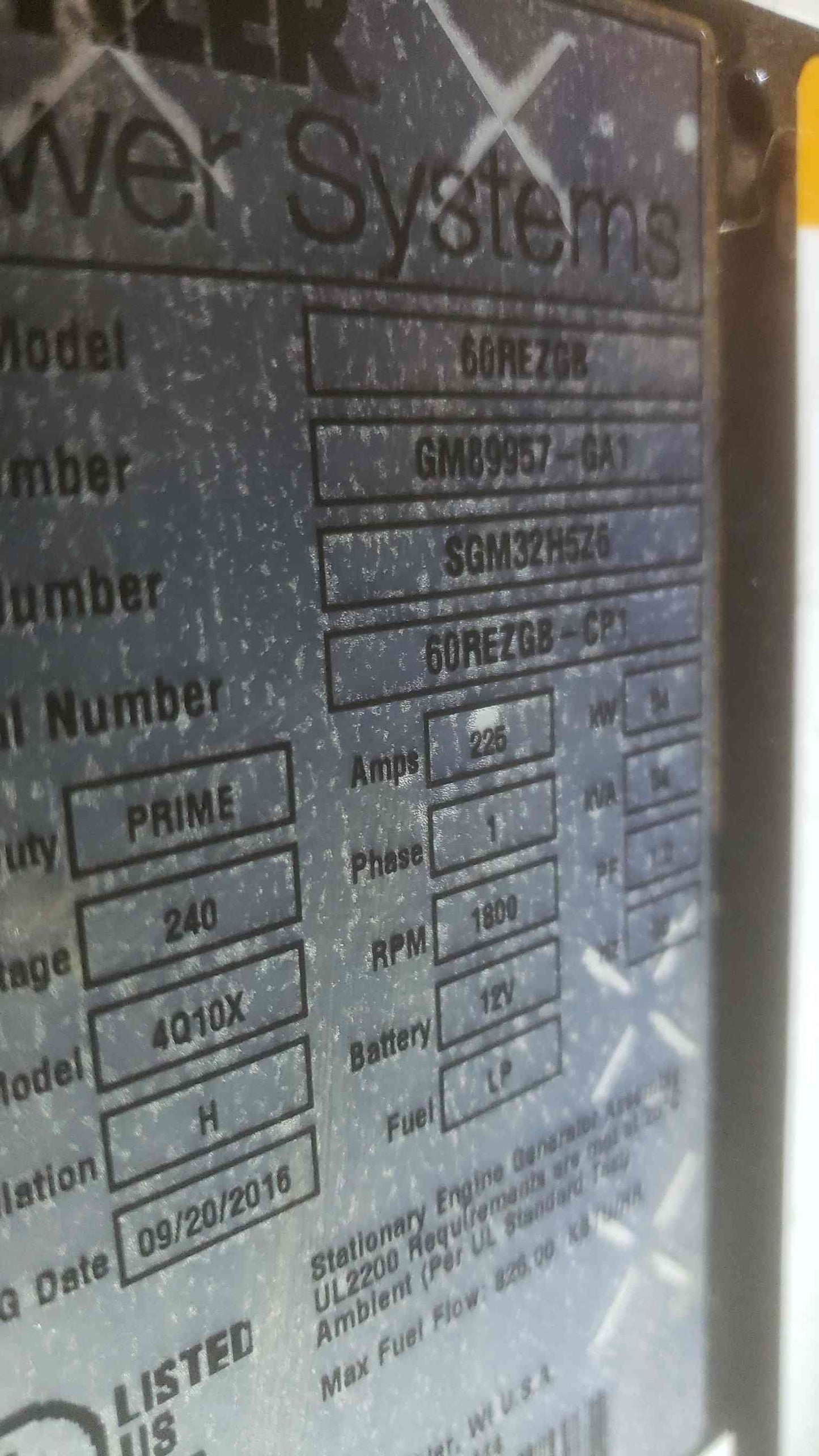 60KW KOHLER 60REZGB 240V 225A 1PH 60Hz LP/NG Generator 4418.2Hrs