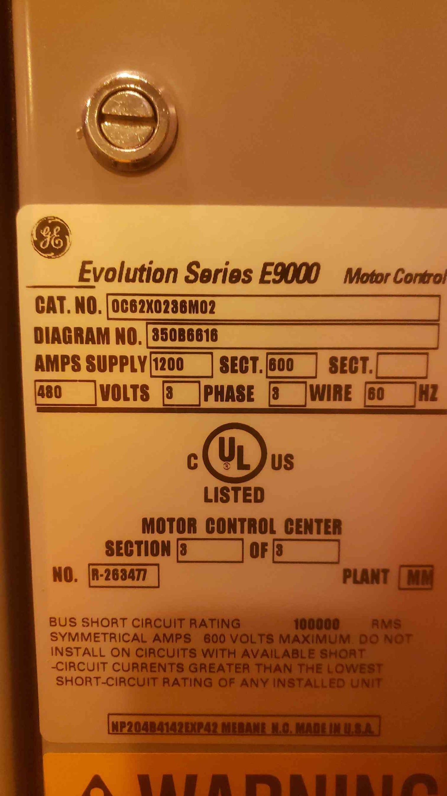 GE Evolution Series E9000 1200A 480V 3PH Motor Control Center OC62X0236M02 (SKU: 110549)