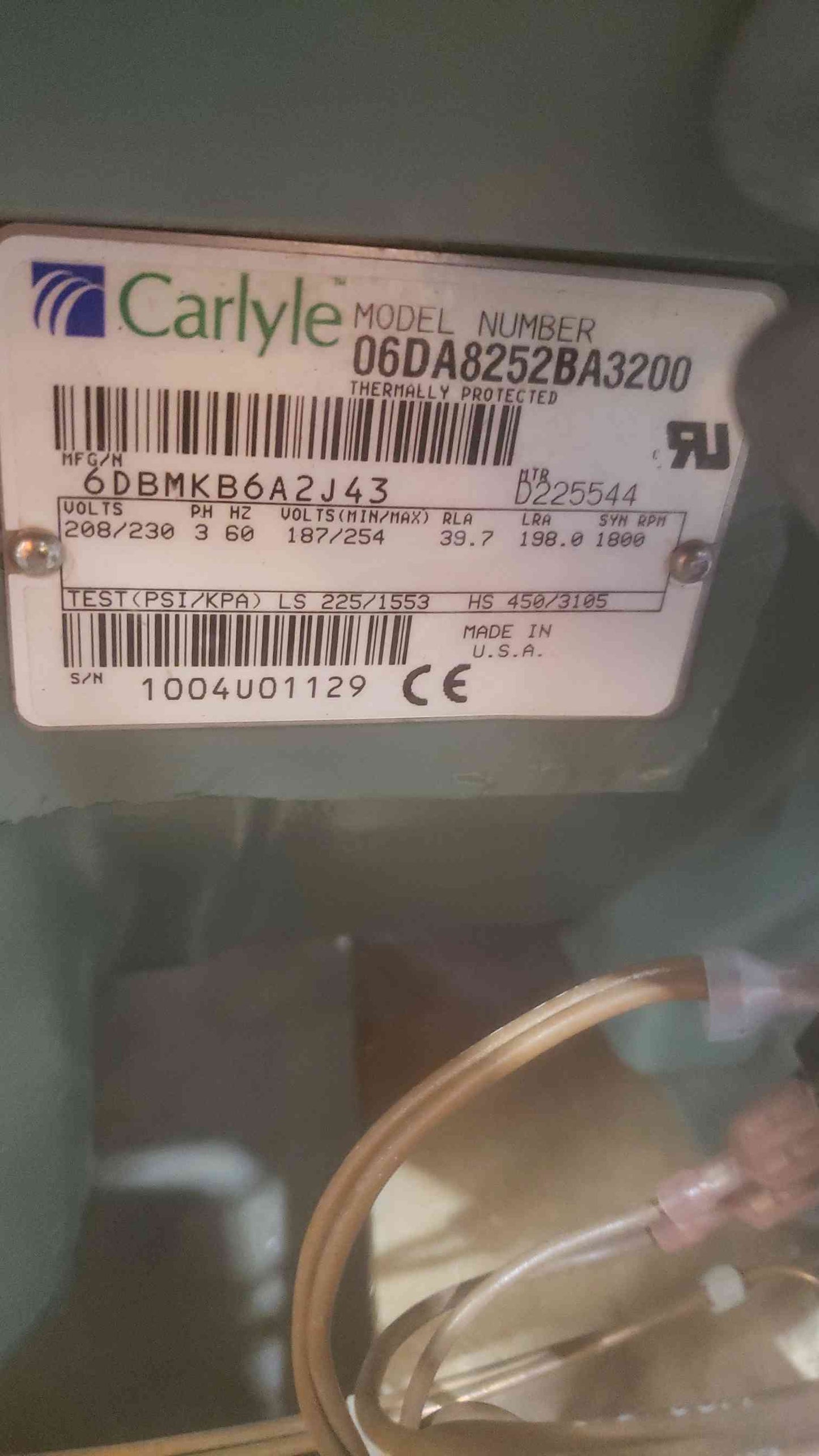 Carlyle Compressor 208/230V 3PH 60Hz 06DA8252BA3200 3 Head
