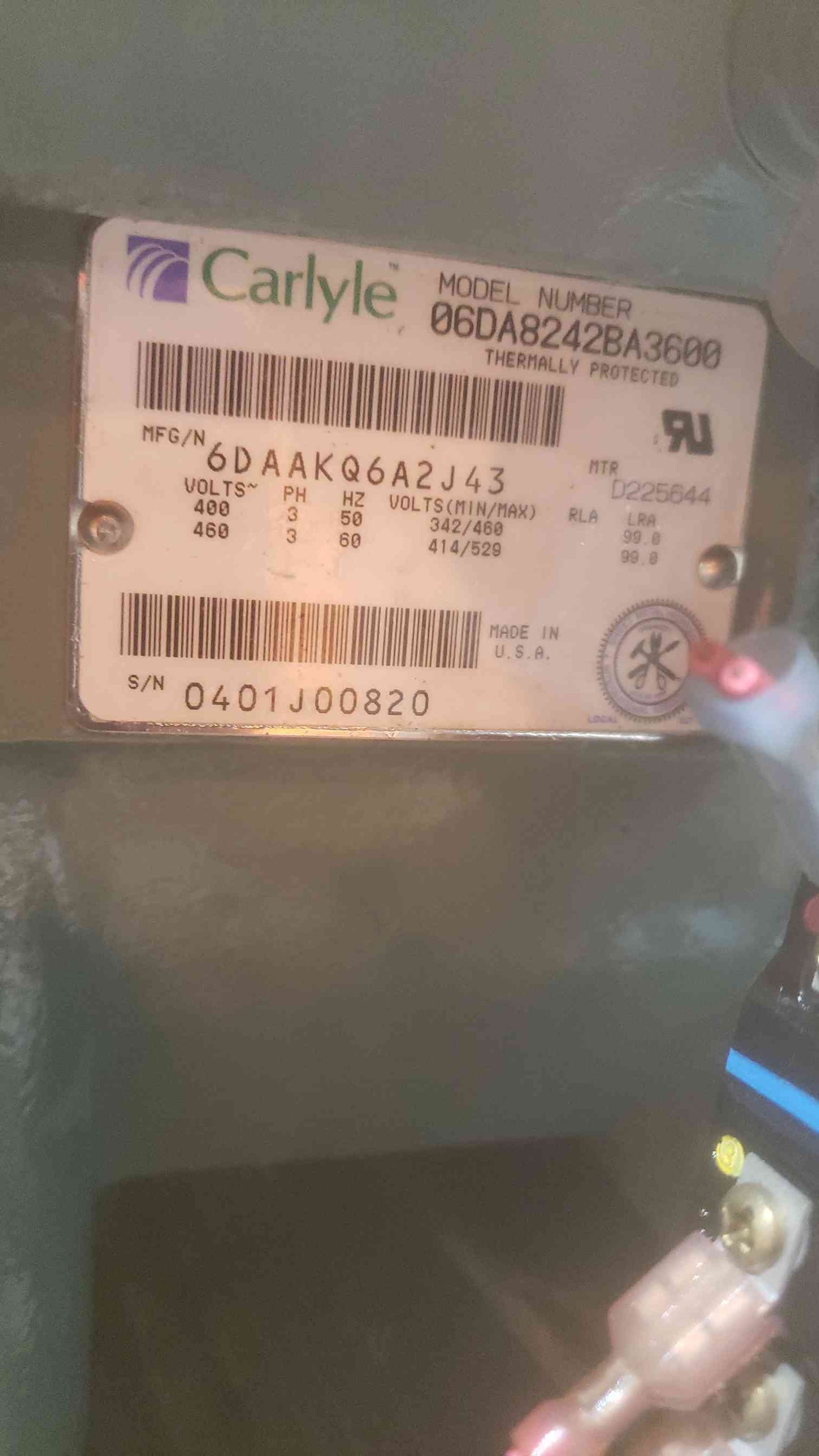 Carlyle Compressor 460V 3PH 06DA82428A3600 Semi-Hermetic Reciprocating Compressor