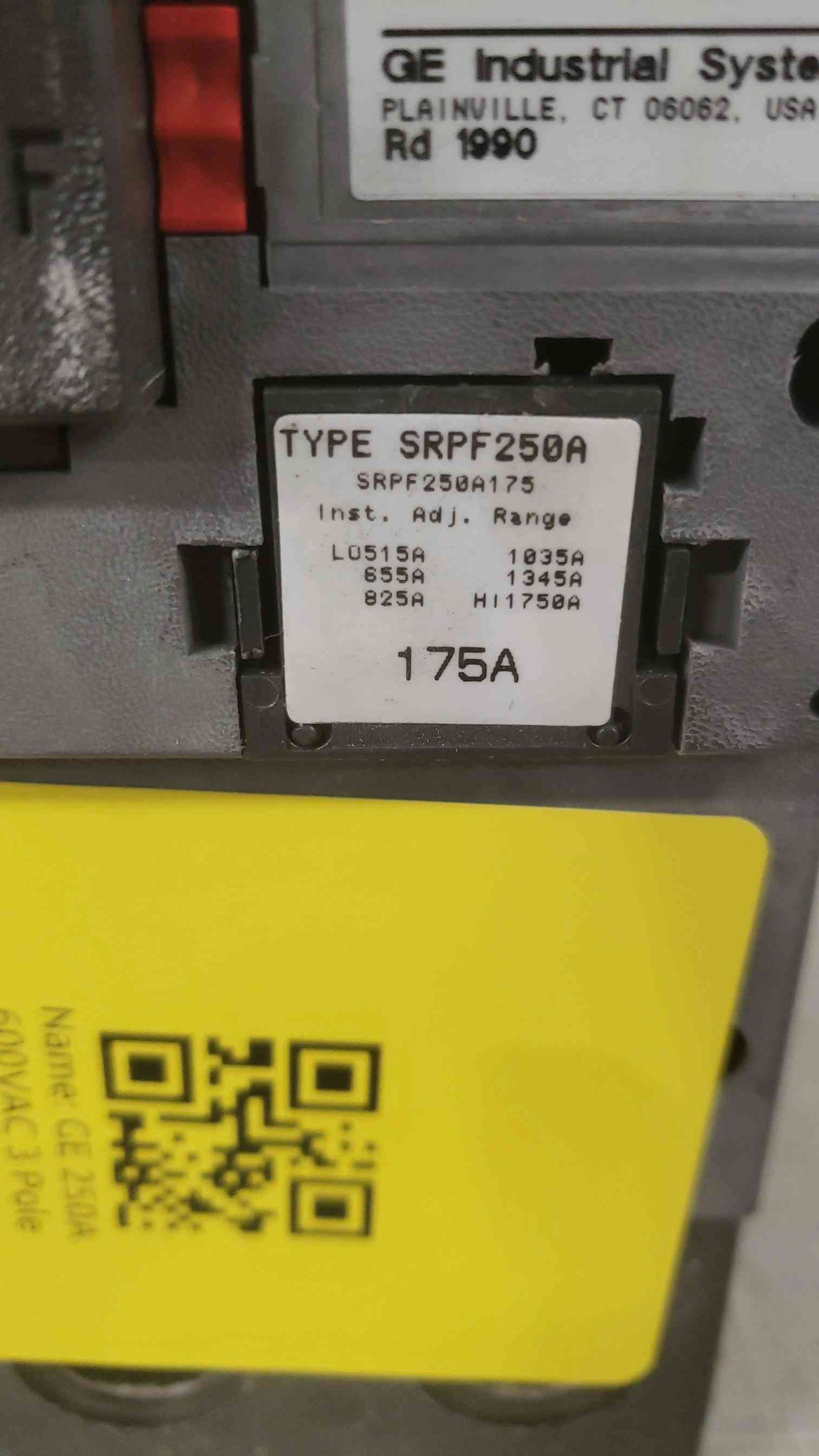 GE 250A 600VAC 3 Pole Breaker SFHA36AT0250 175A Trip