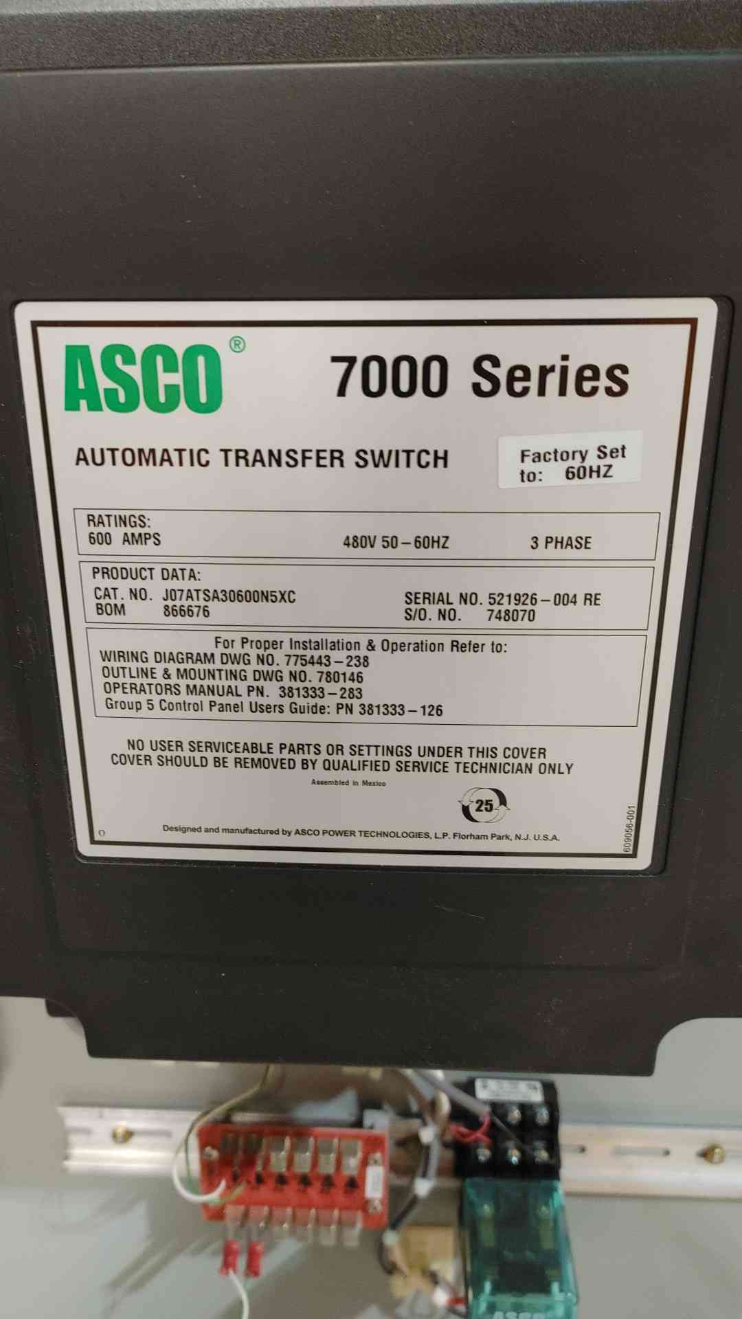 ASCO 7000 Series 600A 480V 3PH Power Transfer Switch ATS (SKU: 112357)