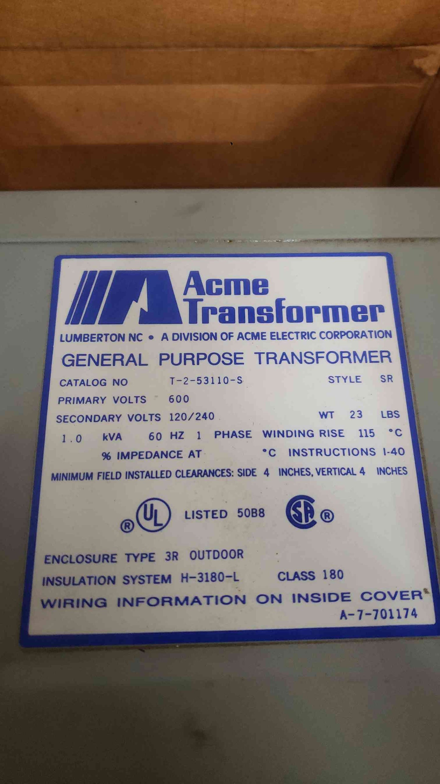 Acme 600-120/240 1KVA 1PH Transformer T-2-53110-S (SKU: 112365)