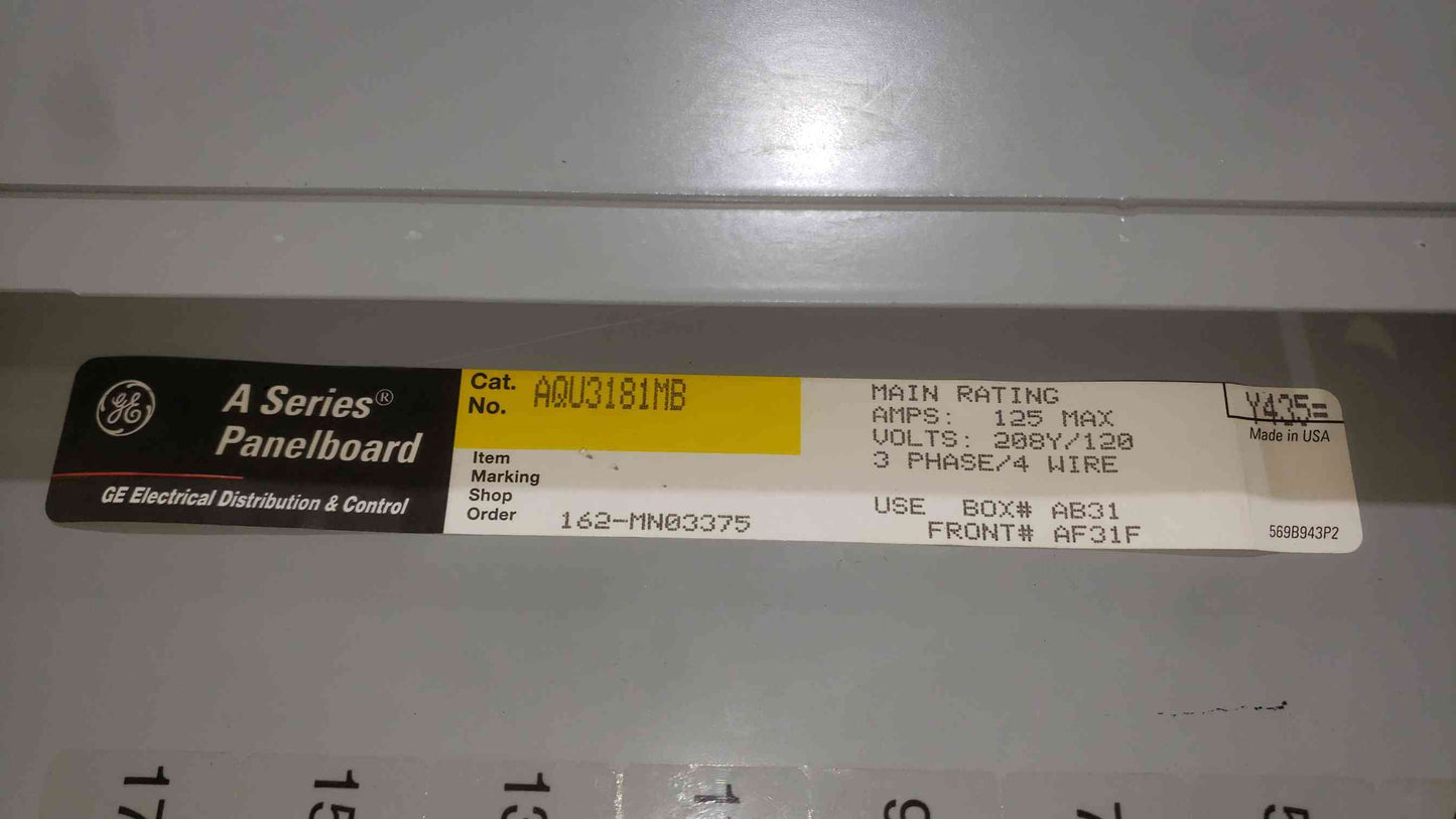 GE A-Series Panelboard AQU3181MB 125A 208Y/120V 3-Phase 4-Wire 18-Circuit Main Breaker Included (SKU: 112801)