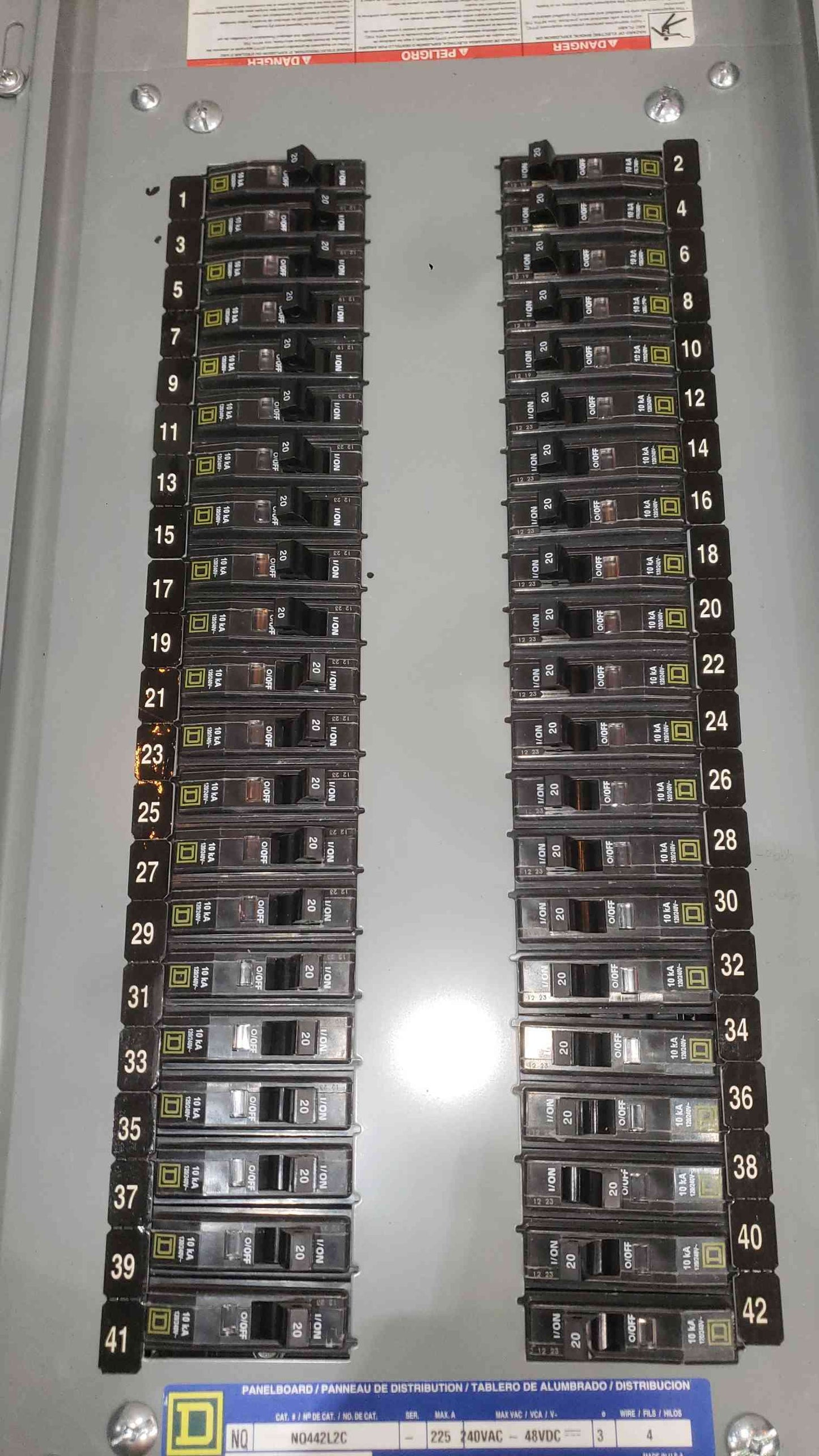Square D NQ 225A 120/208V 3 Phase Panelboard 42x 20A QOB 1-Pole Breakers NQ442L2C