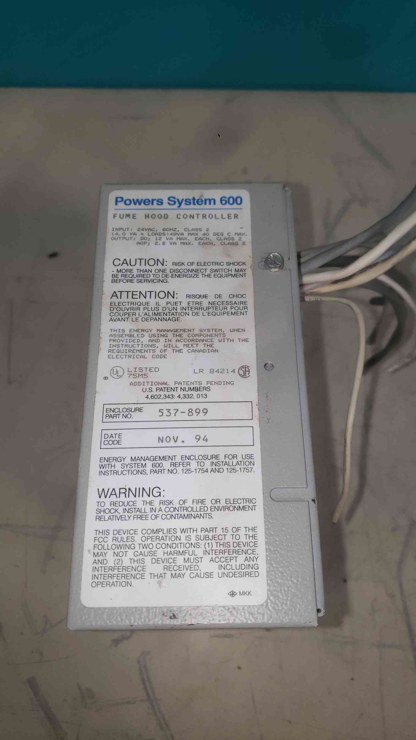 Siemens Landis & Gyr Powers System 600 Fume Hood Controller Enclosure 537-899