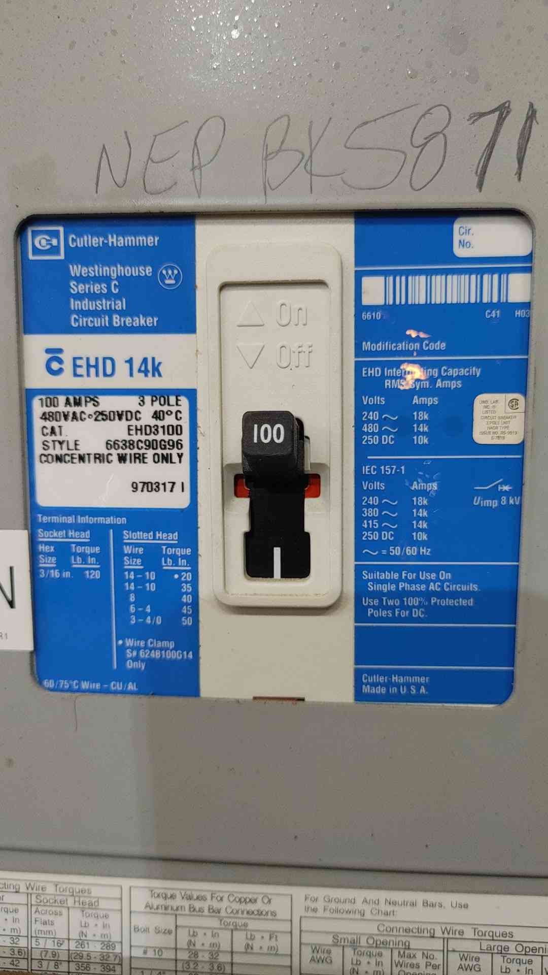 Cutler Hammer PRL2A 100A 480V 3 Phase Panelboard W/ EHD3100 Main & 15x 20A GHB