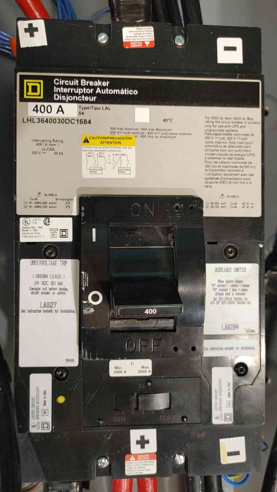 Square D LHL3640030DC1684 Circuit Breaker 400A 500V DC Enclosed Disconnect LAL