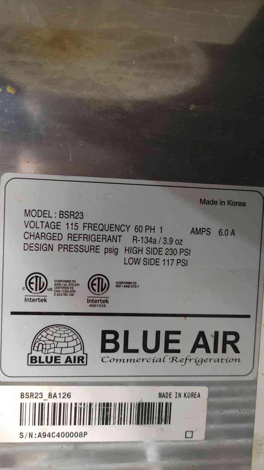 Blue Air BSR23 27" Stainless Steel 1 Door Commercial Reach-In Refrigerator 23cf