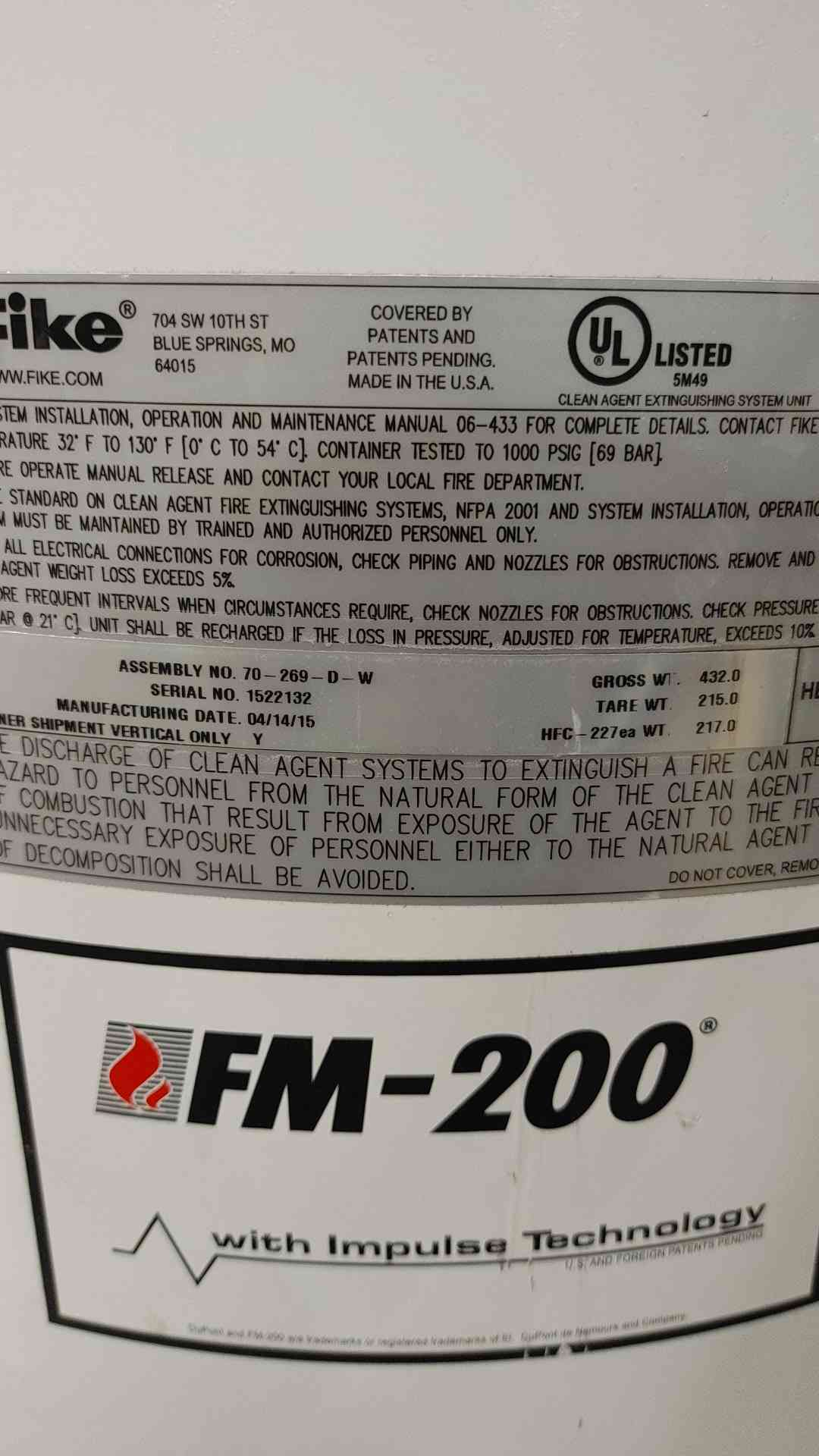 Fike Extinguishing System 217lbs HFC-227EA (Sku 113972)