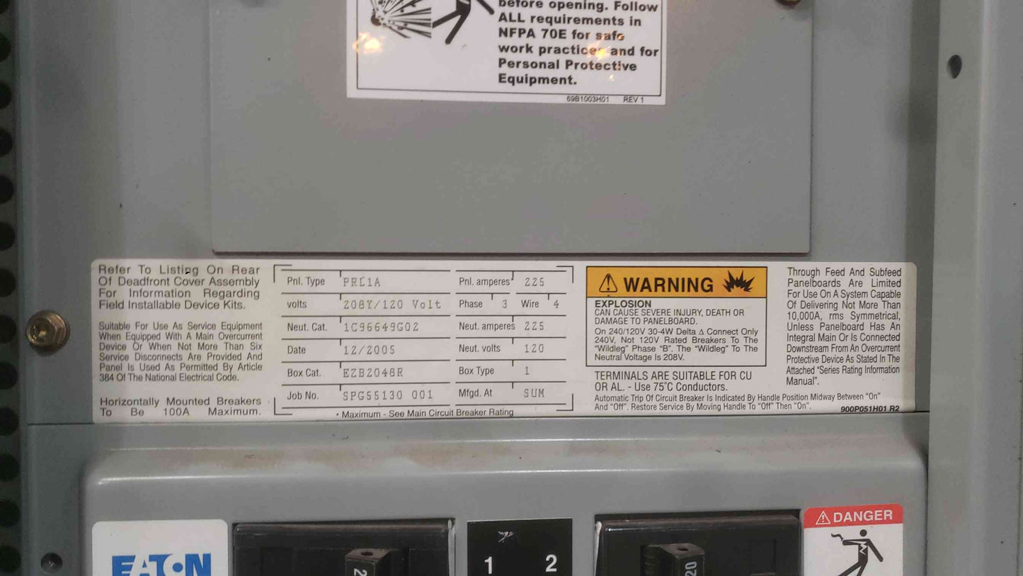 Eaton Cutler-Hammer PRL1A 225A 208Y/120V 3PH 42 Circuit Panelboard Box Breakers