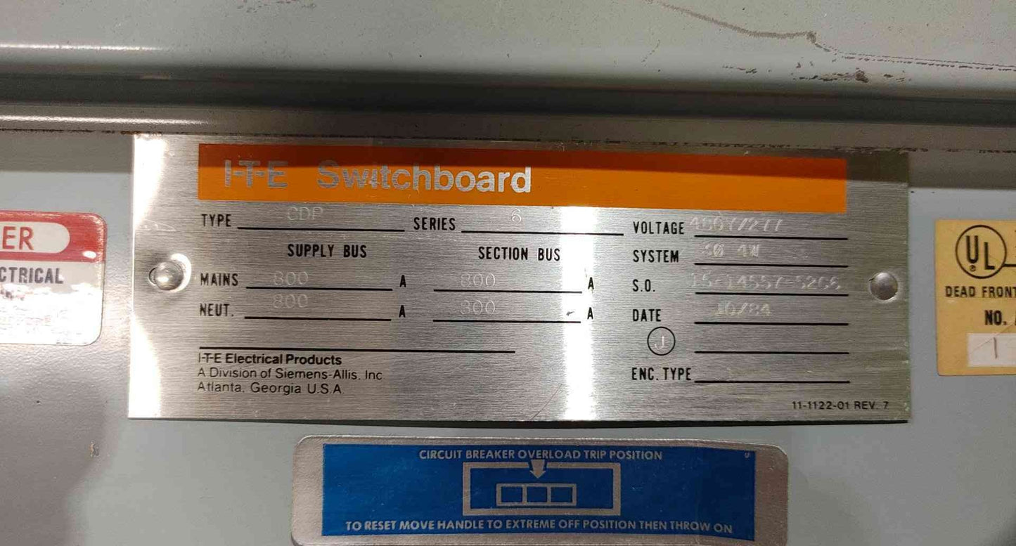ITE Siemens CDP Series 6 Panelboard 800A 480V 3PH 4W Switchboard Distribution