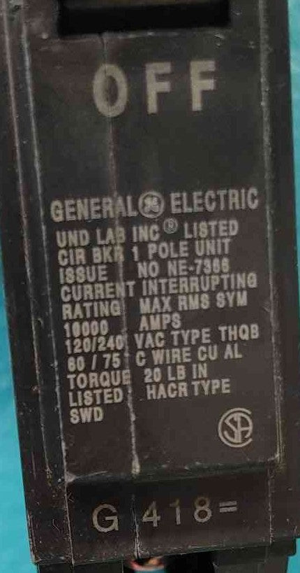 GE THQB1120 1 Pole 20 Amp 120/240V Bolt-On Circuit Breaker THQB