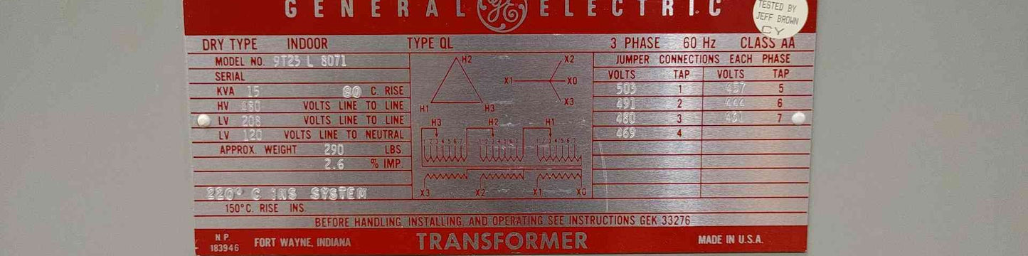 GE 30 KVA Transformer 9T23B3872 3 Phase 480V to 208Y/120V Dry Type QL-WP
