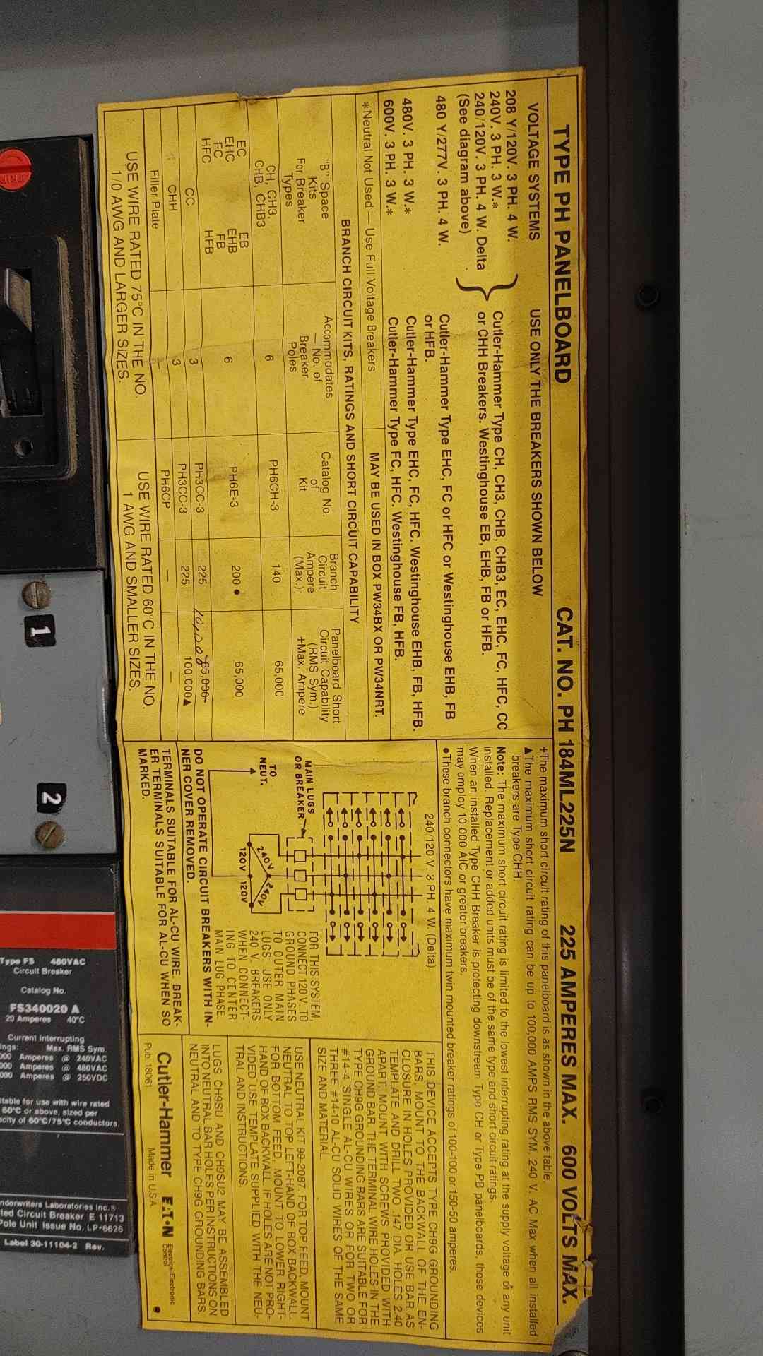 Cutler-Hammer Pow-R-Line 225A C PRL1a Panelboard 208Y/120V 3PH 4W w/ 3P Breakers