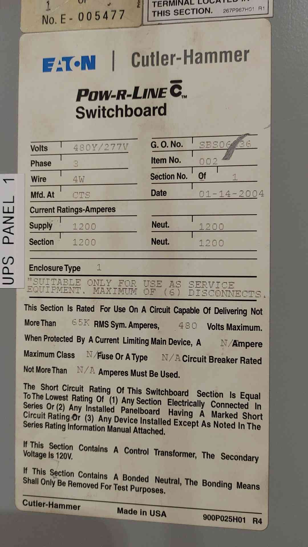 Eaton Cutler-Hammer Pow-R-Line C Switchboard 1200A 480Y/277V 3PH 4W Panel Main