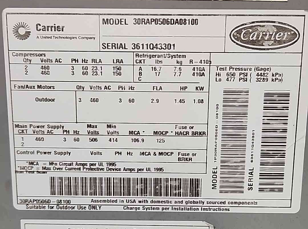Carrier 125A, 460-506V, 3PH Outdoor OTS Chiller (Sku 114660)