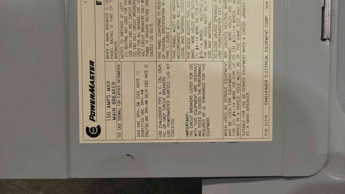 Challenger Powermaster 150A 3 Phase Panelboard Enclosure Main Breaker Load Center