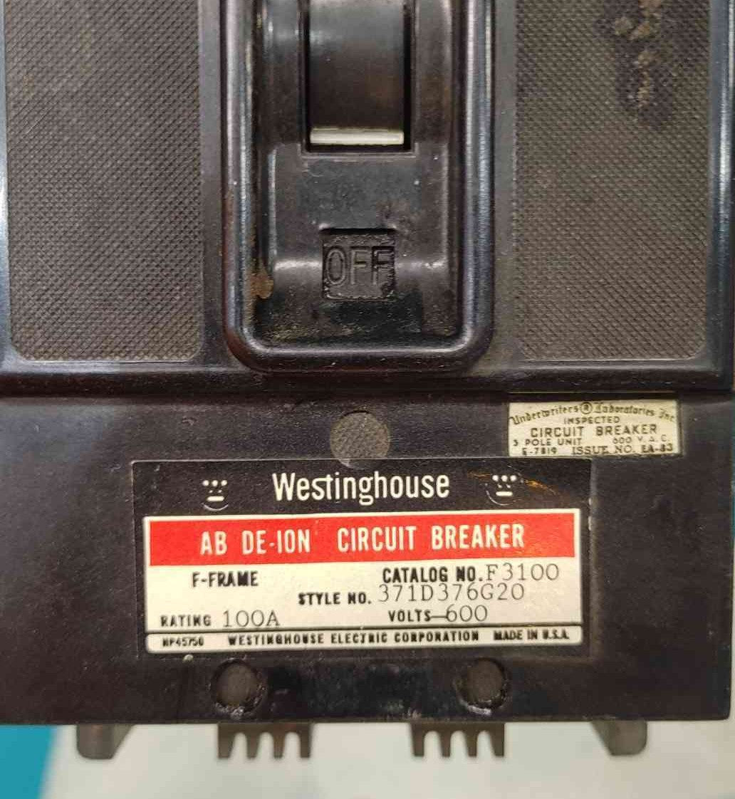 Westinghouse F3100 100A 3 Pole Circuit Breaker 600V F Frame 371D376G20 AB De-Ion