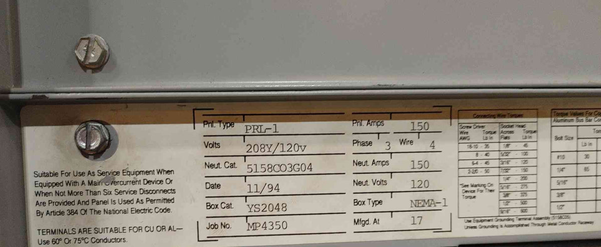 Westinghouse Pow-R-Line PRL-1 150A 3PH Panelboard 208Y/120V Loaded W Breakers