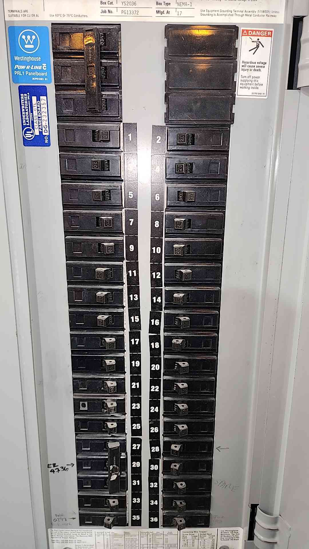 Westinghouse Pow-R-Line PRL-1 Panelboard 100A 3PH 208Y/120V Complete W Breakers