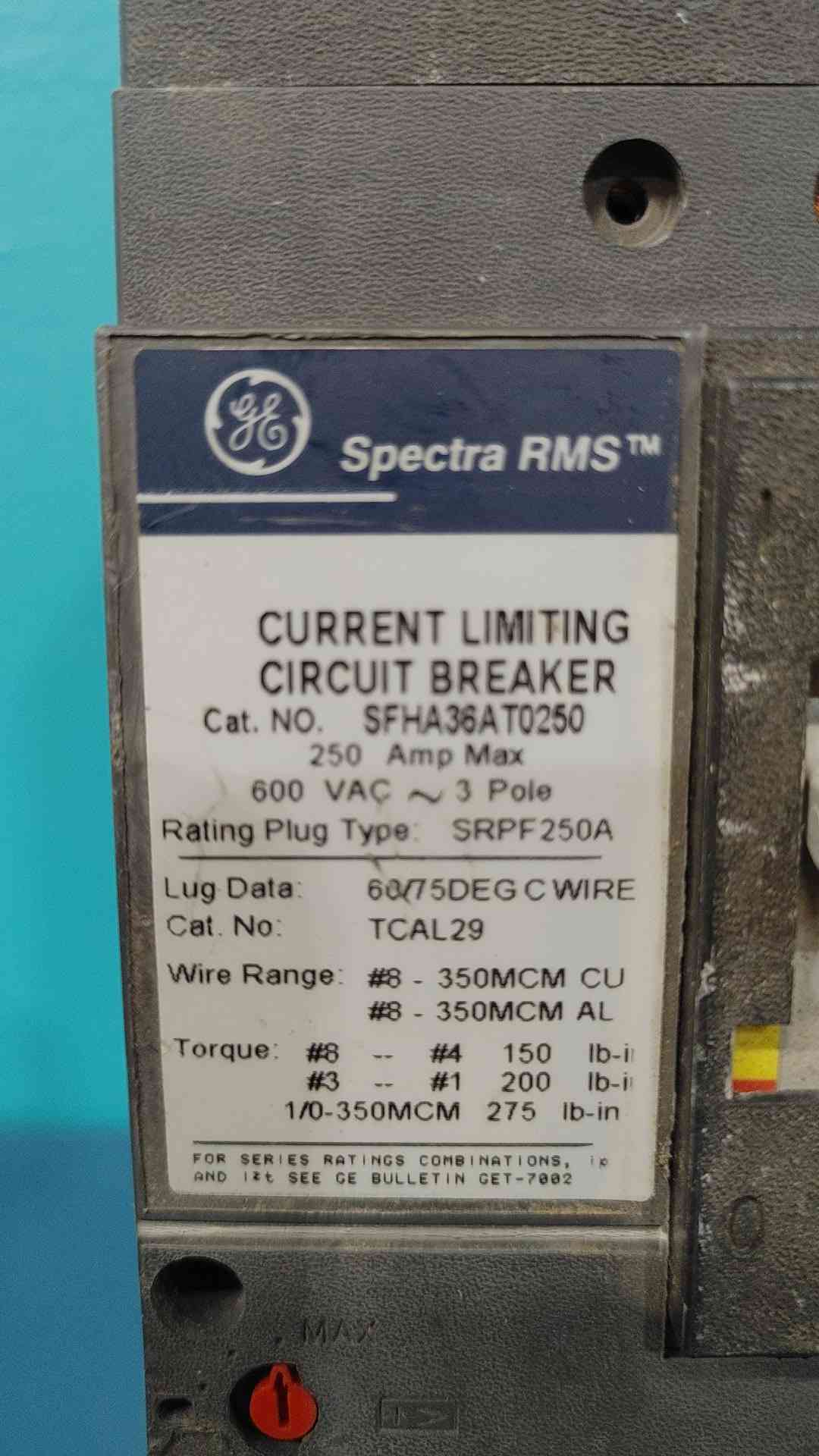 GE SFHA36AT0250 Spectra RMS 250A Frame 600V 3P Breaker w/ 225A Rating Plug SRPF