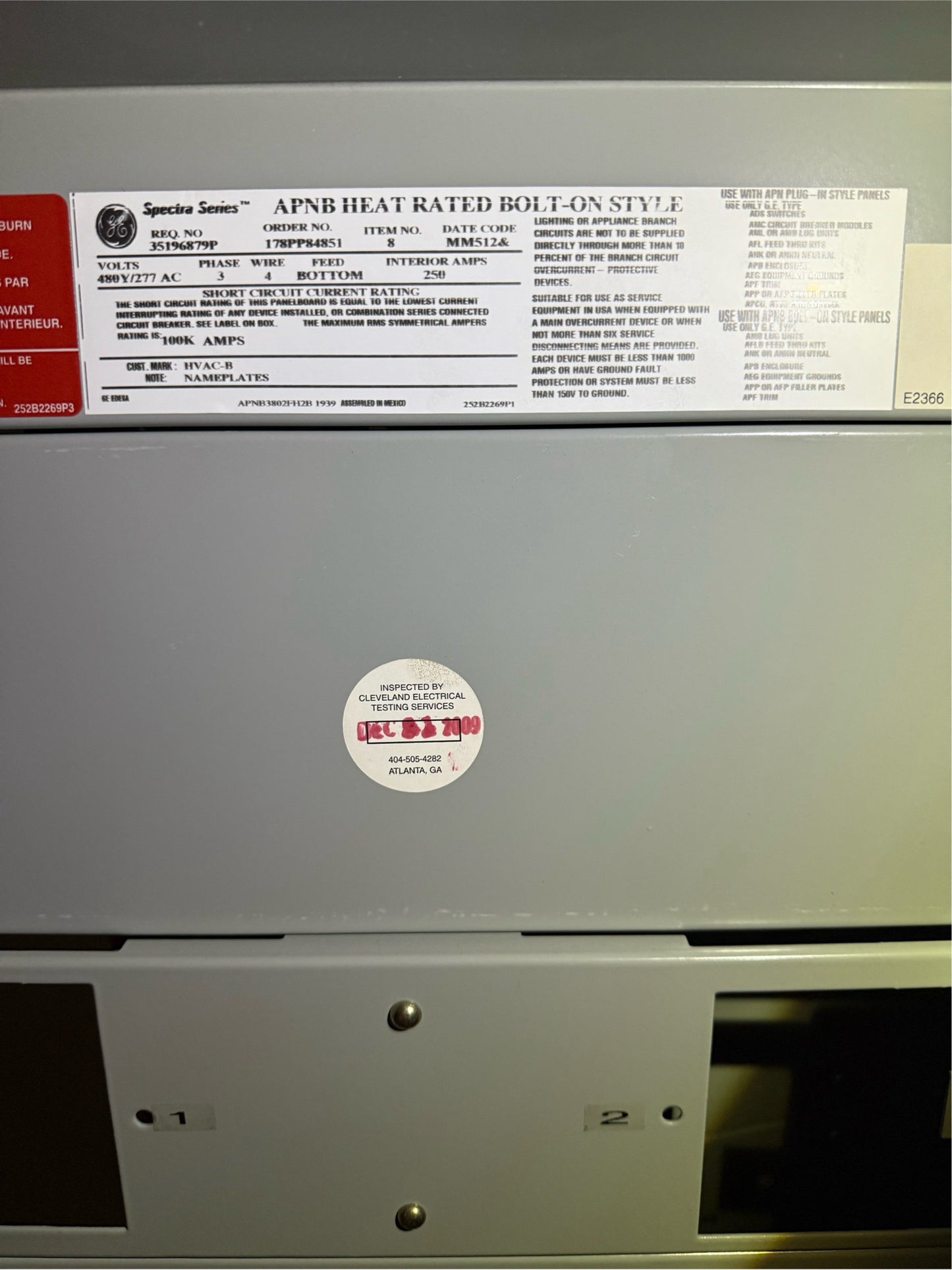 250A Spectra Series Breaker Panelboard 277/480v 14x 30amp breakers