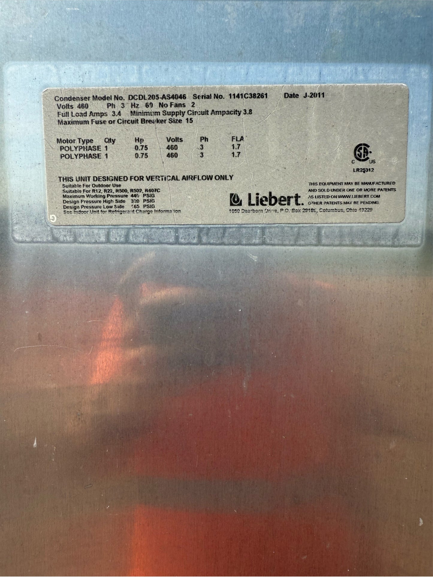 Liebert 2-fan Condenser DCDL205A 460v 3PH ‘11 (SKU: 110363)