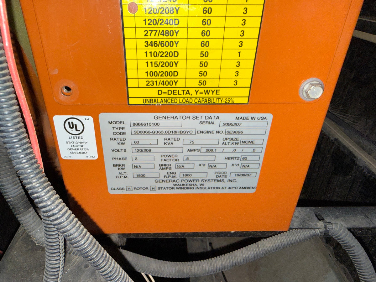Generac SD0060 60 kW Diesel Generator John Deere 120/208V 3PH Enclosed Base Tank