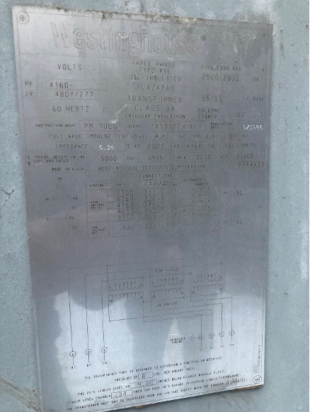 2500kVA Westinghouse PlazaPad Pad Mounted Transformers 4160-480Y/277. SNs: TAT2262-1010, TAT8111-0101, TAT8390-0101
