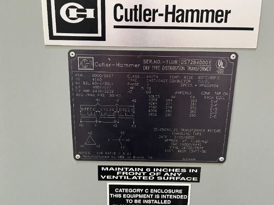 2000kVA Cutler Hammer Dry Type Transformers 4160-480Y/277. SNs: DS72840001, DS72841001