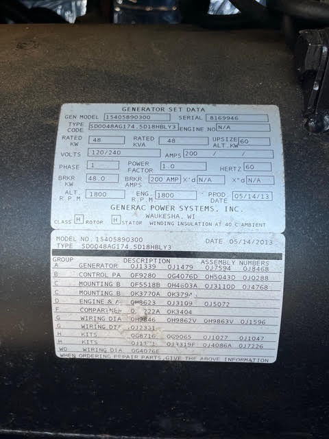 48KW 50KW Generac Diesel Generator 1PH 270Hrs '13 300 Gal Tank