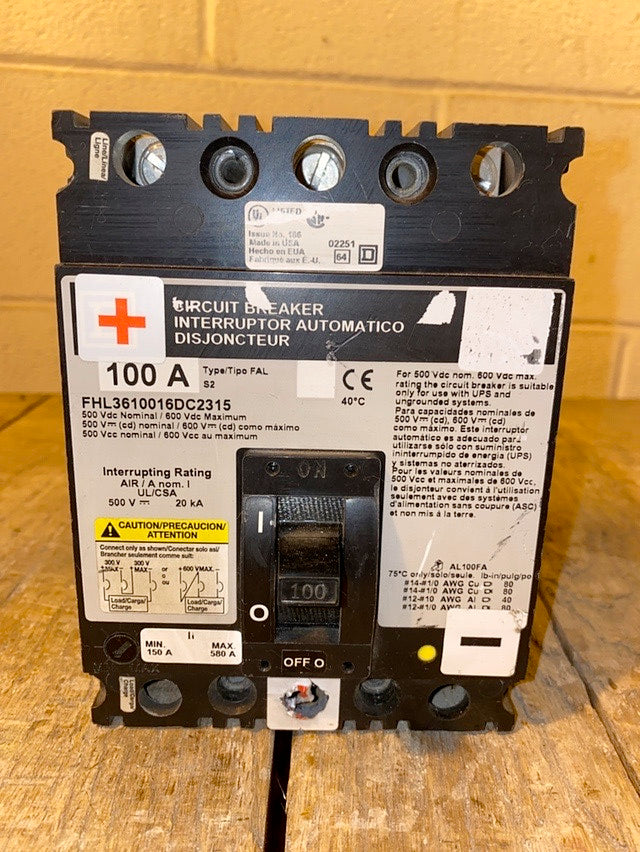 100A Square D FHL3610016DC2315 3 Pole DC Circuit Breaker(S6LLST1392)