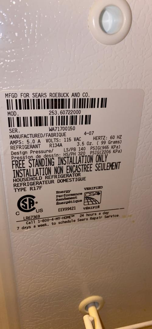 *PA Local Pickup ONLY* Kenmore Vertical Refrigerator 32x27x65 Tested (S6LLST3456)*PA Local Pickup ONLY*
