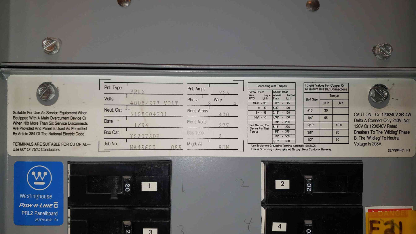 PRL2 225A 480V / 277V Panelboard w/ Main Neut. 400A PowRLine (SKU:3391AA)(3391AA)