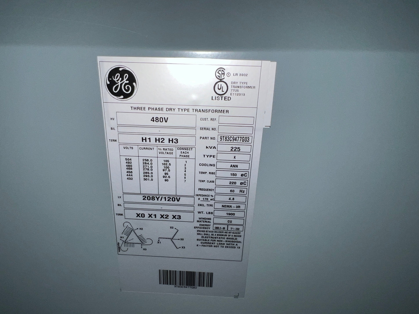 225KVA GE 480V x 208/120v 3Ph Dry Type Transformer