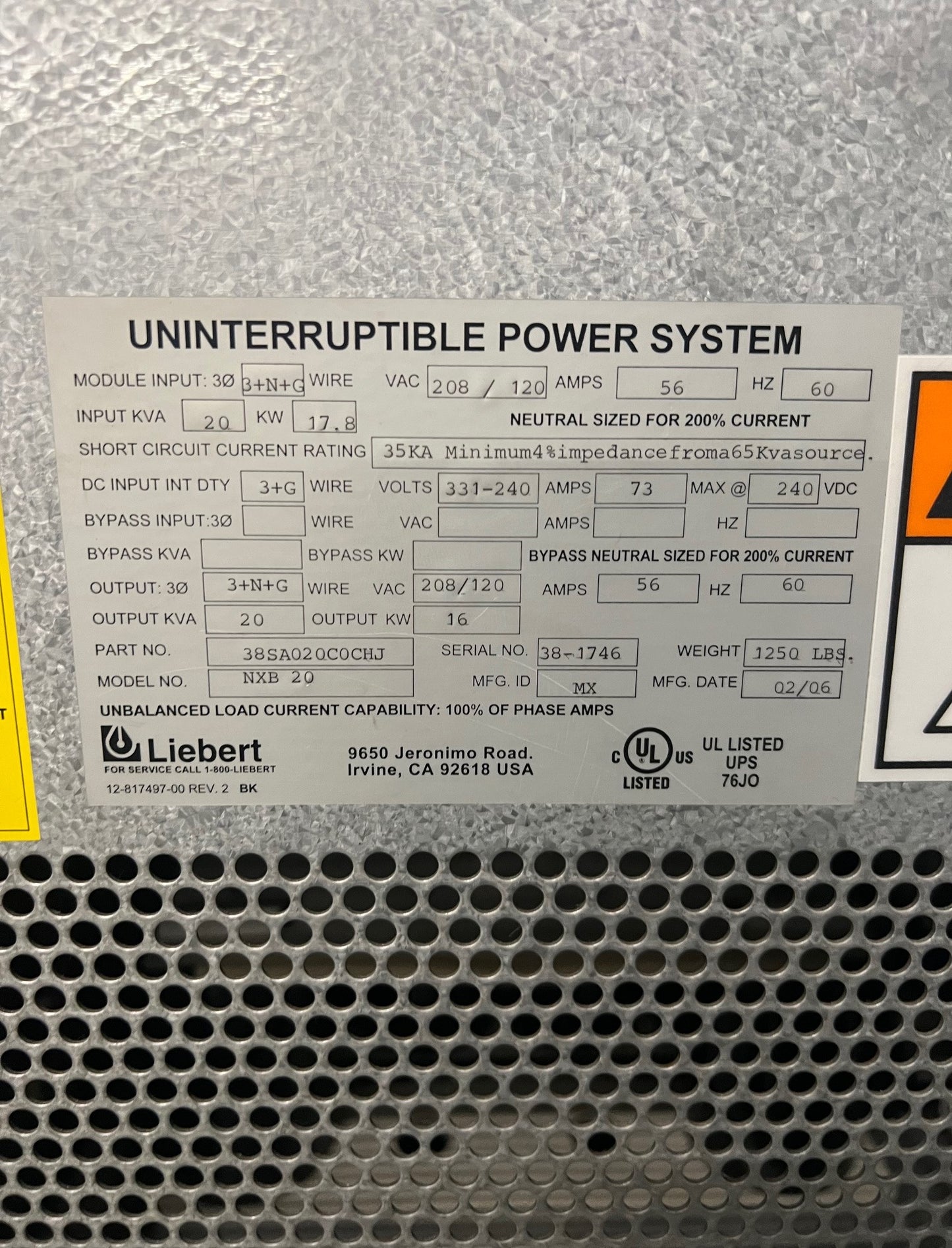 20KVA Liebert NXB20 UPS '06 120/208v(101515)