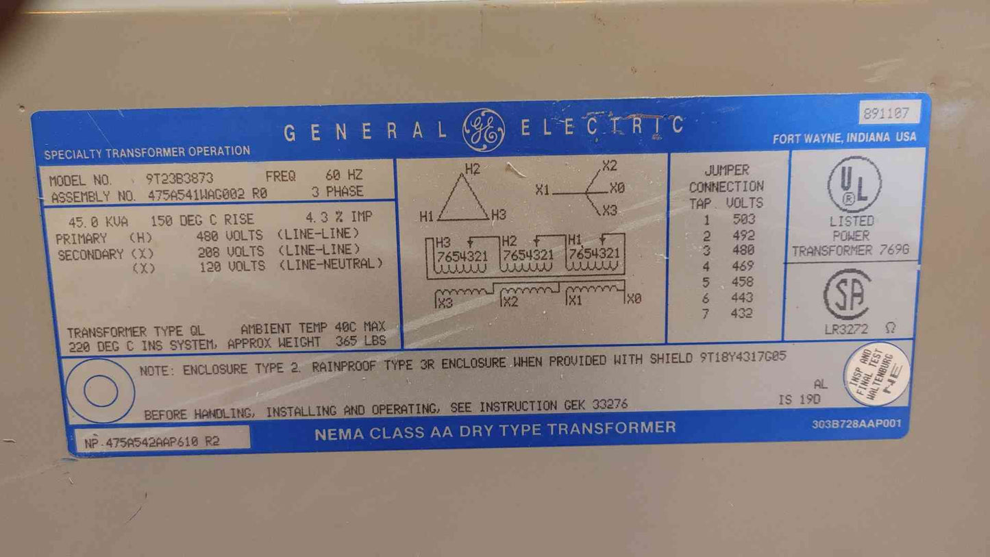 45KVA GE NEMA Class AA Dry Type Transformer 480v x 208/120 3PH 9T23B3873