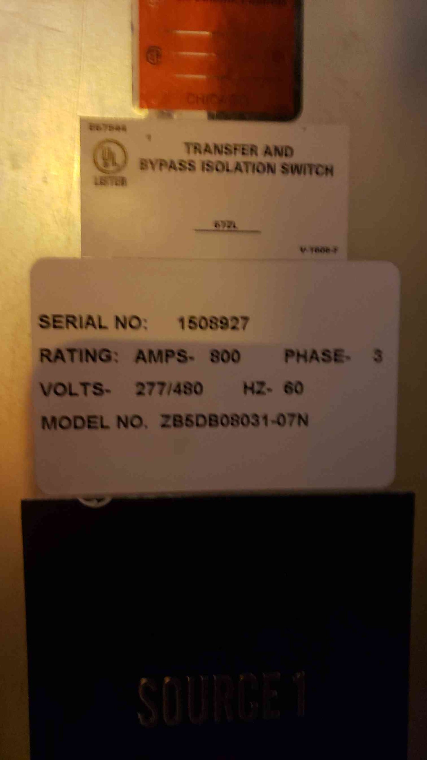 ATS GE Zenith Transfer Switch 277/480V 800A 3PH ZBJDB08031-07N(104123)