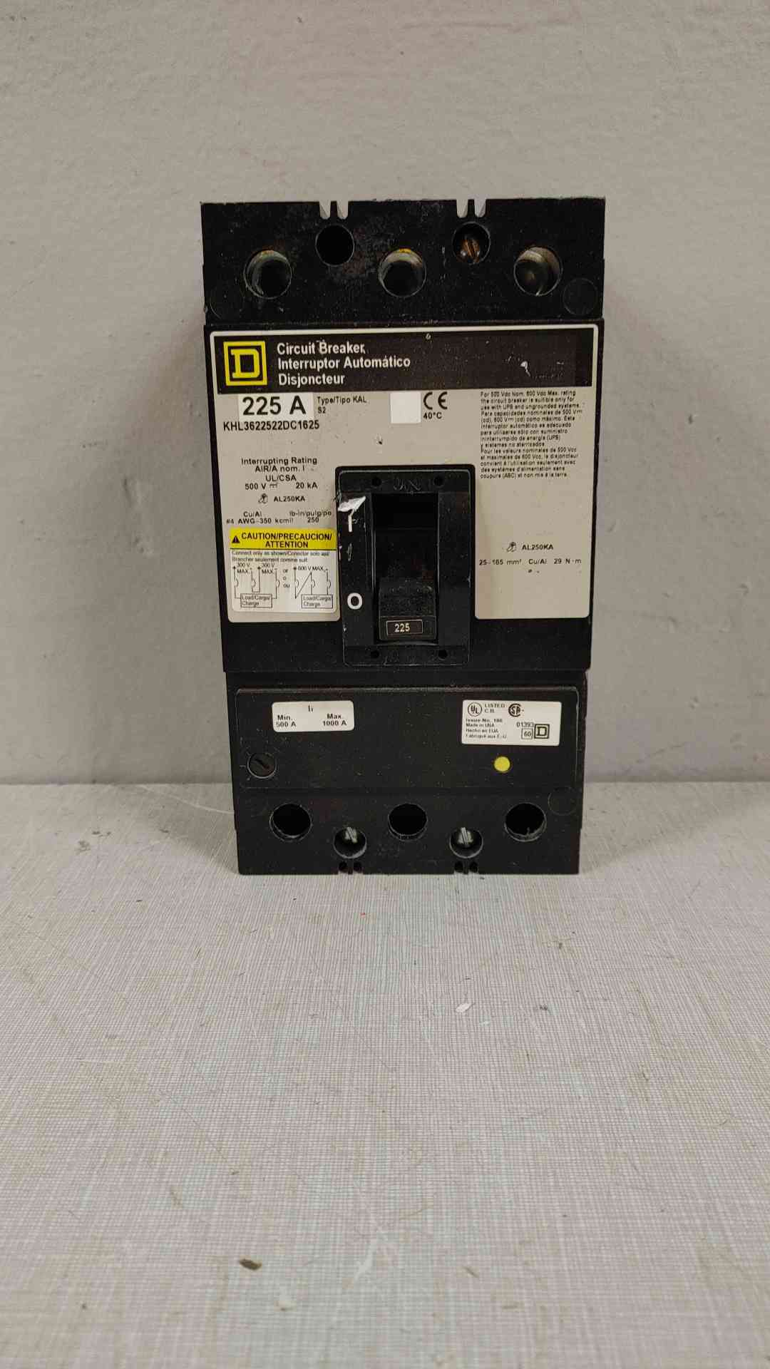Square D 225A 3 Pole Circuit Breaker 500V KHL3622522DC1625(104616)