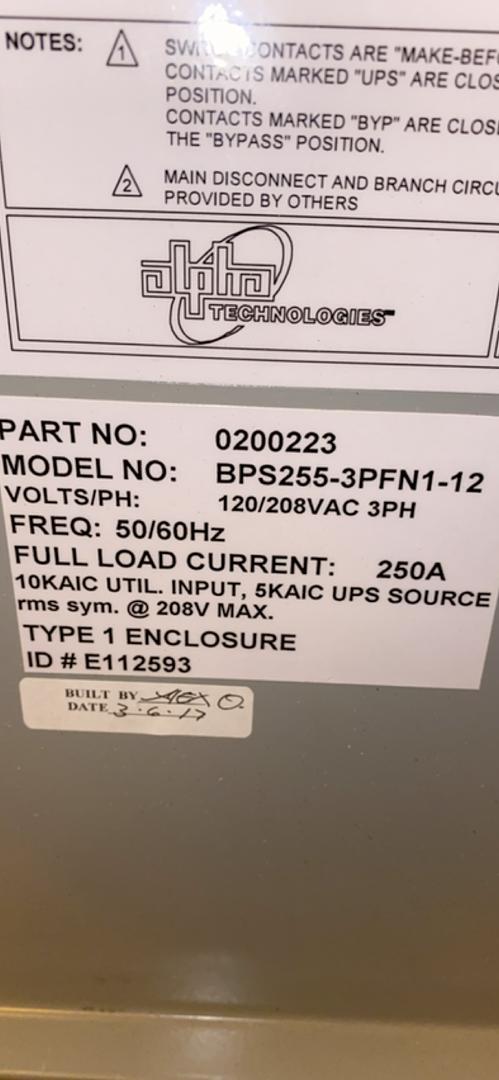 250A Alpha UPS Bypass Switch BPS2553PFN112 120/208v250A(S6LLST3645)