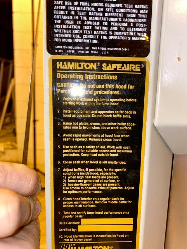 6' Fume Hood Fisher Hamilton SAFEAIRE 2-Way Sash STAINLESS(S6LLST0878)