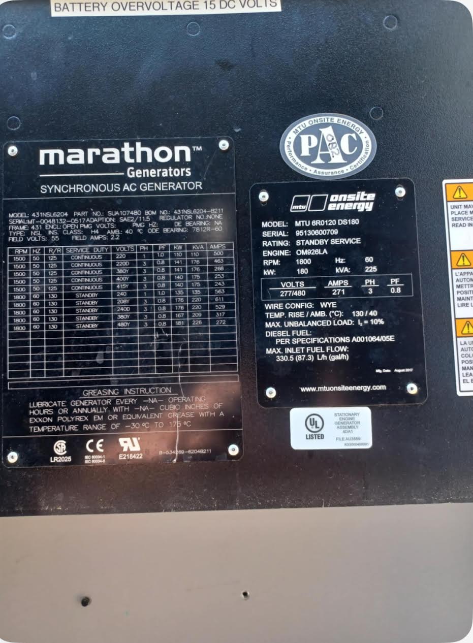 180KW MTU 6R0120 Mercedes Diesel Generator 1&3PH 251Hrs TESTED
